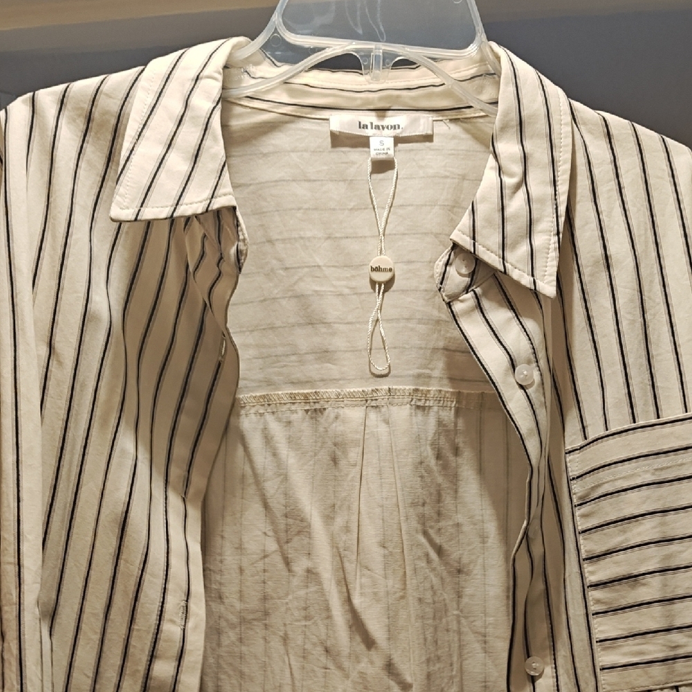 Striped Beige and Black Button-Up Shirt Small